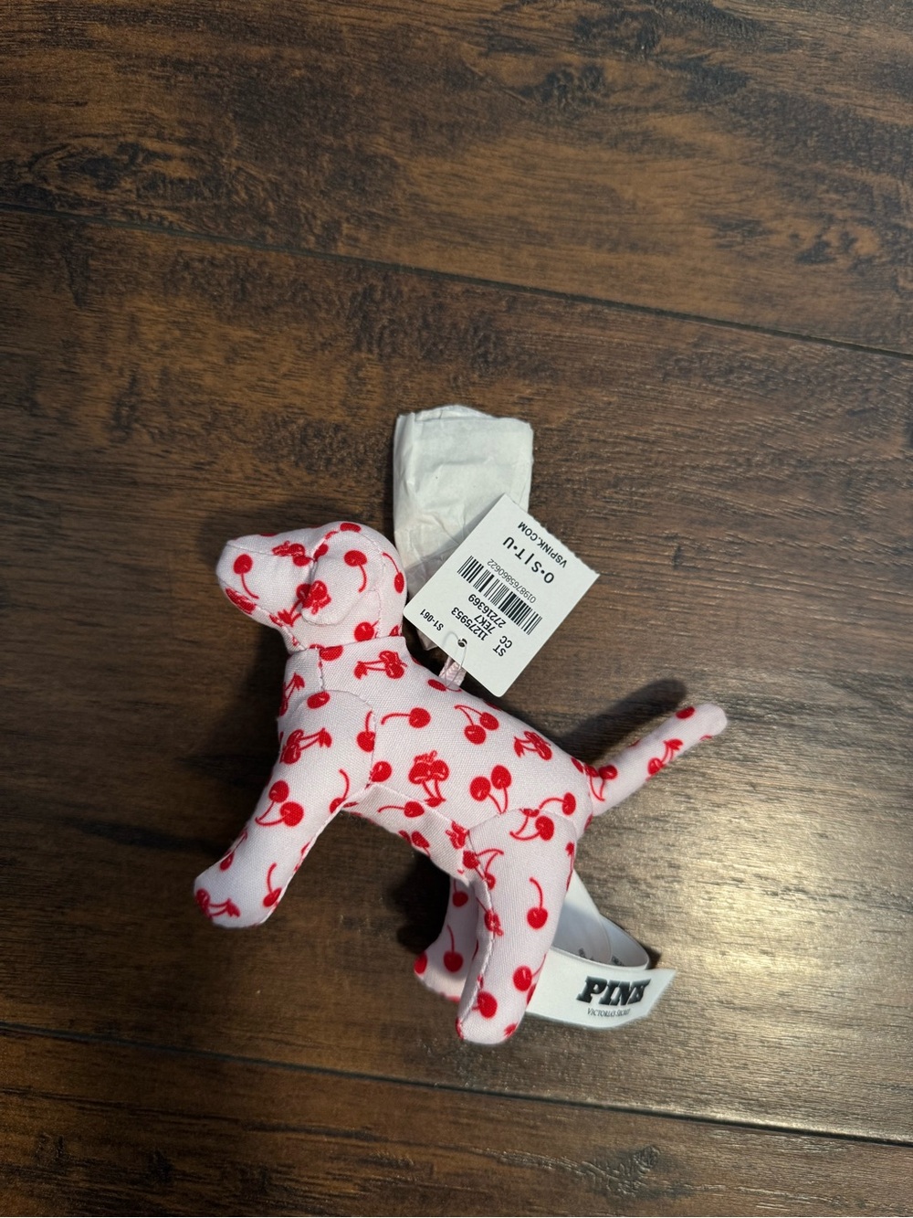 PINK Victoria's Secret Dog Plush Keychain - Pink with Red Cherry Print